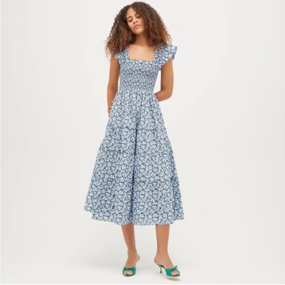 New! HILL HOUSE The Ellie Smocked Nap Midi Dress in Pansy in Blue Multi Cotton